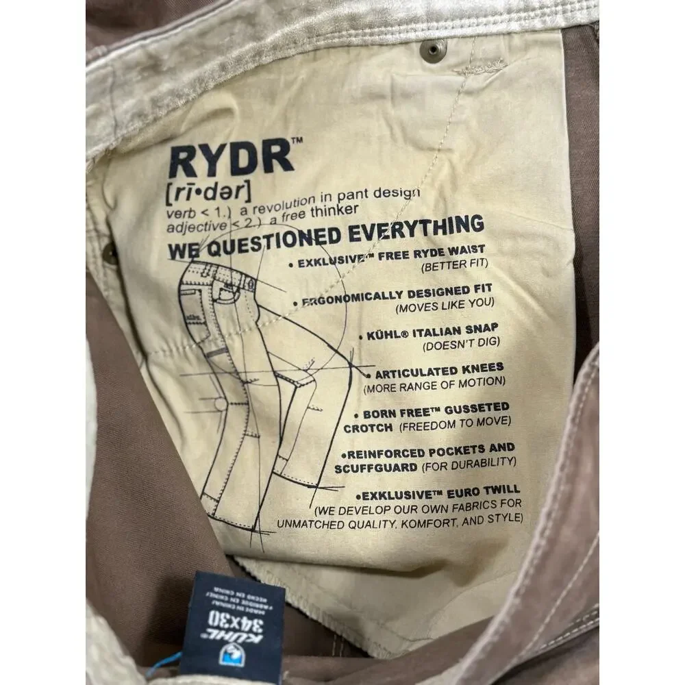 KUHL Rydr Pants Men’s 34x30 Brown Tan Patina Outdoor Hiking Gorpcore